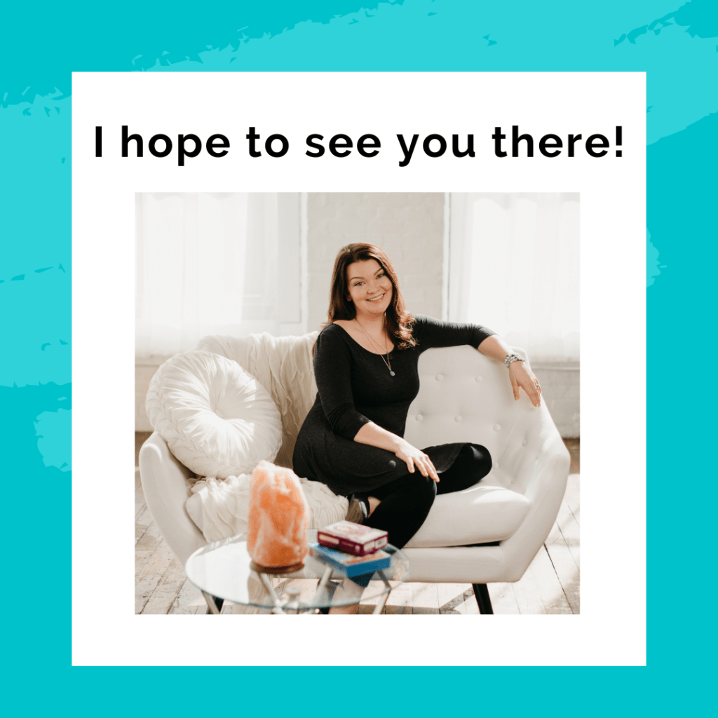 A photo of Jessica Sharp smiling and sitting on a white couch wearing a black dress. She has one arm resting on the back of the couch and one knee up. The room is sunny and bright. The text says, "I hope to see you there!"